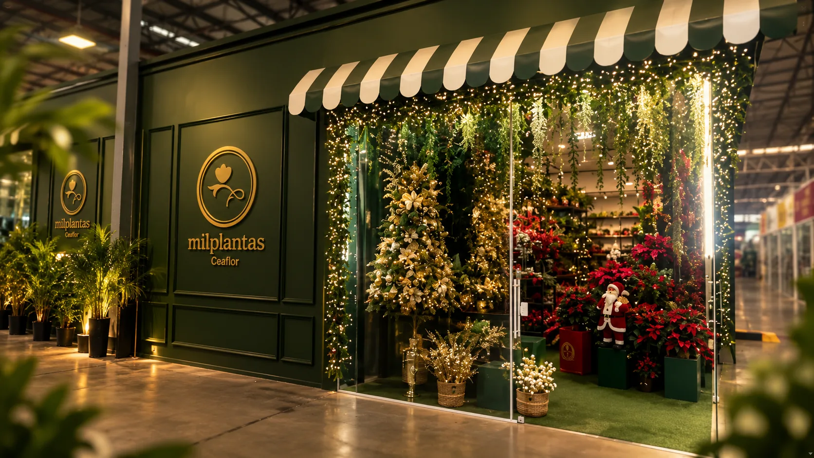 A fachada do Box 71B no Ceaflor, com o toldo listrado e a vitrine de Natal iluminada